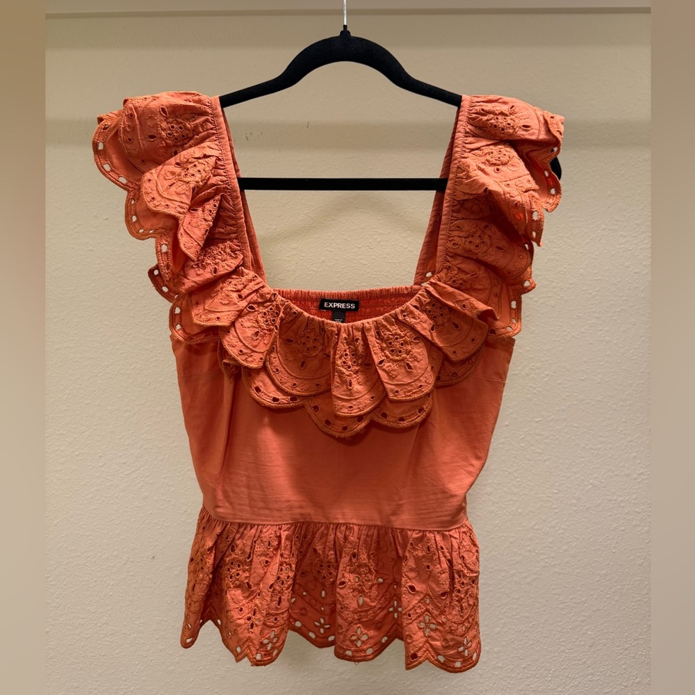 Express Coral Eyelet Ruffle Peplum Top Size Small